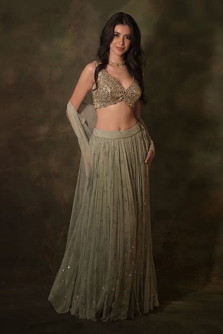 Shop Archana Kochhar Green Georgette Sequins, Mirrors Floral Print Embellished Lehenga Jacket Set Online at Aza Fashions Shop_Archana Kochhar_Green Georgette Sequins, Mirrors Floral Print Embellished Lehenga Jacket Set _Online_at_Aza_Fashions