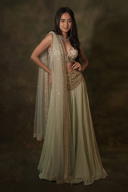 Archana Kochhar Green Blouse And Lehenga Georgette Embellished Mirrorwork Sequin Set 