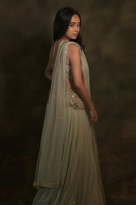 Archana Kochhar Green Georgette, Net Mirrors, Sequins, Mirrorwork Embellished Lehenga Set Online at Aza Fashions Archana Kochhar_Green Georgette, Net Mirrors, Sequins, Mirrorwork Embellished Lehenga Set _Online_at_Aza_Fashions
