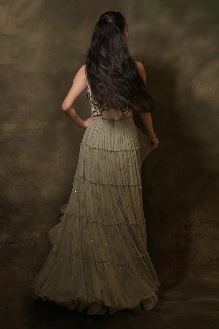 Archana Kochhar_Green Georgette Sequins, Embroidery Floral Print Tiered Jacket Lehenga Set _Online_at_Aza_Fashions