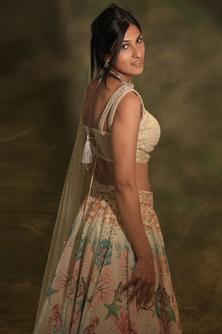 Archana Kochhar_Green Silk, Net Seashell Print Lehenga With Attached Drape Embellished Blouse _Online_at_Aza_Fashions