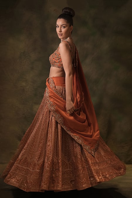 Archana Kochhar Orange Georgette, Silk Zari, Embroidery V-neck Zardosi And Thread Lehenga Set Online at Aza Fashions Archana Kochhar_Orange Georgette, Silk Zari, Embroidery V-neck Zardosi And Thread Lehenga Set _Online_at_Aza_Fashions