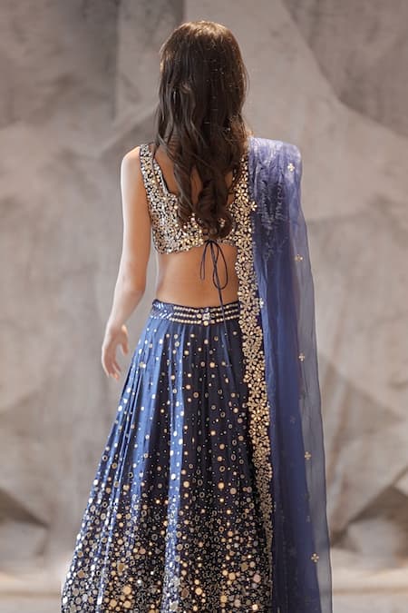 Archana Kochhar Blue Silk, Organza Mirrors V-neck Dazzled Embroidered Lehenga Set Online at Aza Fashions Archana Kochhar_Blue Silk, Organza Mirrors V-neck Dazzled Embroidered Lehenga Set _Online_at_Aza_Fashions