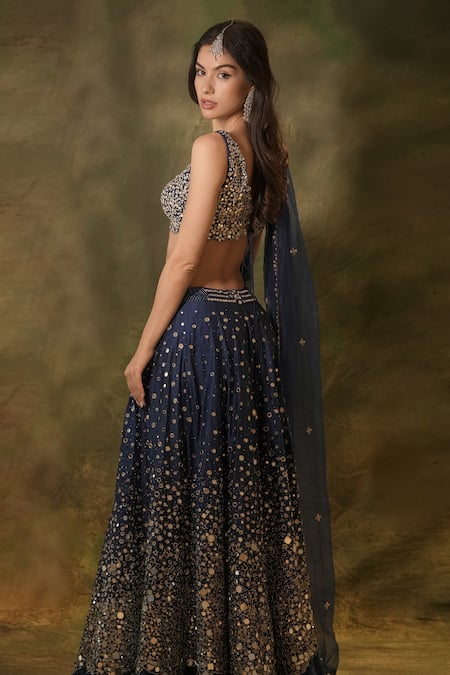 Shop Archana Kochhar Blue Silk, Organza Mirrors V-neck Dazzled Embroidered Lehenga Set Online at Aza Fashions Shop_Archana Kochhar_Blue Silk, Organza Mirrors V-neck Dazzled Embroidered Lehenga Set _Online_at_Aza_Fashions