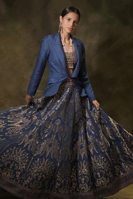Buy Archana Kochhar Blue Silk Gota Patti, Sequins V-neck Anant Embroidered Lehenga Set With Blazer Online at Aza Fashions Buy_Archana Kochhar_Blue Silk Gota Patti, Sequins V-neck Anant Embroidered Lehenga Set With Blazer _Online_at_Aza_Fashions