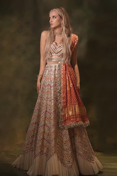 Archana Kochhar_Ivory Silk, Net, Cotton Embroidery, Mirrors The Chevron Bandhani Lehenga_Online_at_Aza_Fashions