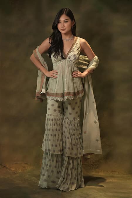 Archana Kochhar Celadon Floral Print Kurta Sharara Set 