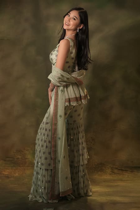 Archana Kochhar Celadon Floral Print Kurta Sharara Set 