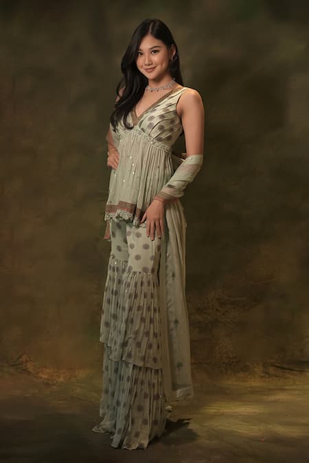 Buy_Archana Kochhar_Green Georgette Embroidery, Pearls, Celadon Floral Print Kurta Sharara Set _Online_at_Aza_Fashions