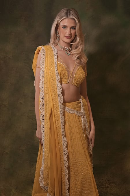 Buy_Archana Kochhar_Yellow Georgette Sequins, Pearls, Stones Sunshine Embroidered Lehenga Set _Online_at_Aza_Fashions