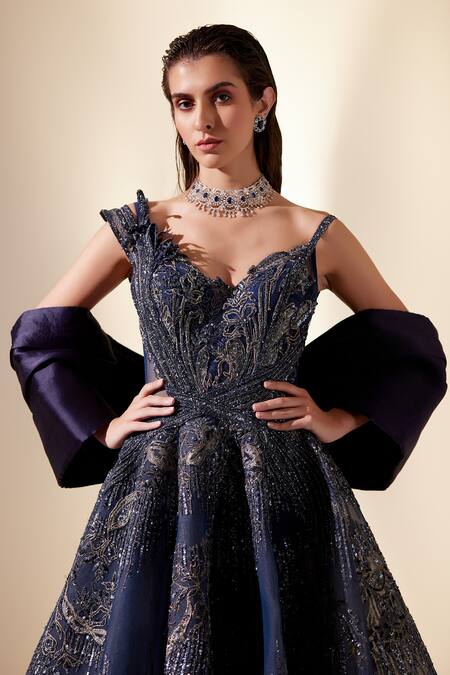 Adaara Couture_Blue Organza, Net, Silk Organza, Thread Embroidered Drizzle Gown With Dupatta _Online_at_Aza_Fashions