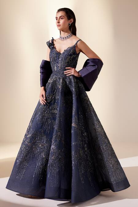 Buy_Adaara Couture_Blue Organza, Net, Silk Organza, Thread Embroidered Drizzle Gown With Dupatta _Online_at_Aza_Fashions