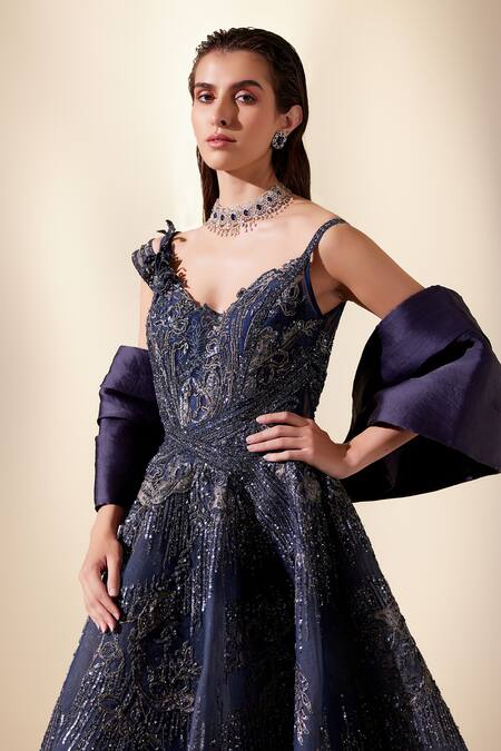 Shop_Adaara Couture_Blue Organza, Net, Silk Organza, Thread Embroidered Drizzle Gown With Dupatta _Online_at_Aza_Fashions