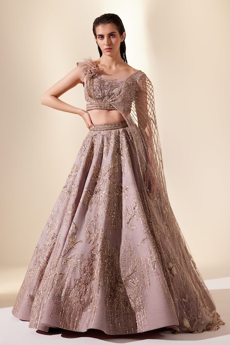 Adaara Couture Rose Gold Net Embroidery Cutdana Straight Neck Shadow Drizzle Top And Skirt Set 