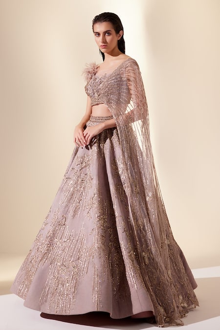 Buy_Adaara Couture_Rose Gold Silk, Net, Brocade Embroidery, Shadow Drizzle Top And Skirt Set _Online_at_Aza_Fashions