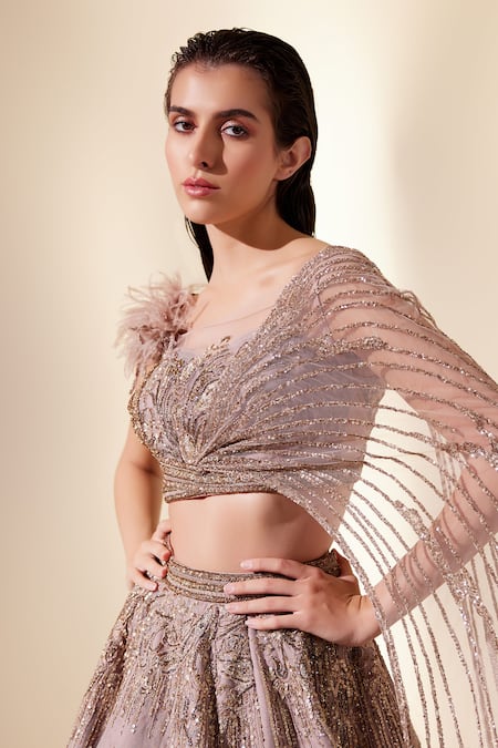 Shop_Adaara Couture_Rose Gold Silk, Net, Brocade Embroidery, Shadow Drizzle Top And Skirt Set _Online_at_Aza_Fashions