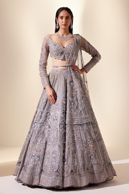 Adaara Couture Blue Net Embroidery Cutdana Leaf Metallic Rhythmic Floral Bridal Lehenga Set