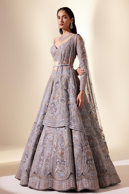 Adaara Couture Metallic Rhythmic Floral Embroidered Bridal Lehenga Set 