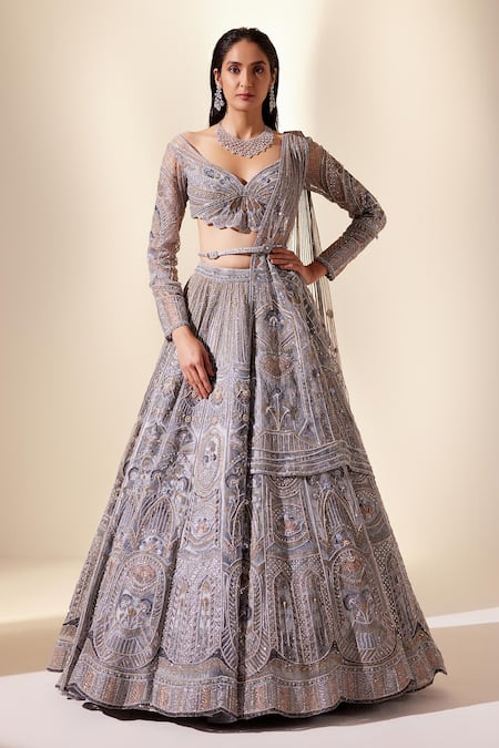 Adaara Couture Blue Net, Silk Sequins, Metallic Rhythmic Floral Embroidered Bridal Lehenga Set Online at Aza Fashions Adaara Couture_Blue Net, Silk Sequins, Metallic Rhythmic Floral Embroidered Bridal Lehenga Set _Online_at_Aza_Fashions