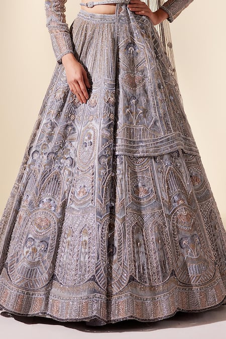 Buy Adaara Couture Blue Net, Silk Sequins, Metallic Rhythmic Floral Embroidered Bridal Lehenga Set Online at Aza Fashions Buy_Adaara Couture_Blue Net, Silk Sequins, Metallic Rhythmic Floral Embroidered Bridal Lehenga Set _Online_at_Aza_Fashions