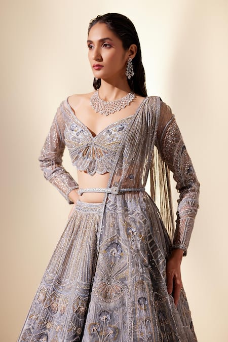 Shop Adaara Couture Blue Net, Silk Sequins, Metallic Rhythmic Floral Embroidered Bridal Lehenga Set Online at Aza Fashions Shop_Adaara Couture_Blue Net, Silk Sequins, Metallic Rhythmic Floral Embroidered Bridal Lehenga Set _Online_at_Aza_Fashions