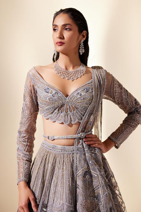 Adaara Couture Blue Net, Silk Sequins, Metallic Rhythmic Floral Embroidered Bridal Lehenga Set at Aza Fashions Adaara Couture_Blue Net, Silk Sequins, Metallic Rhythmic Floral Embroidered Bridal Lehenga Set _at_Aza_Fashions