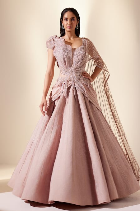 Adaara Couture Pink Net Embroidery Cutdana Round Stripe Drizzle Gown 