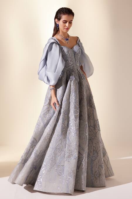 Adaara Couture Blue Organza, Net, Silk Cut Work, Sequins Sweetheart Geometric Embroidered Gown Online at Aza Fashions Adaara Couture_Blue Organza, Net, Silk Cut Work, Sequins Sweetheart Geometric Embroidered Gown _Online_at_Aza_Fashions