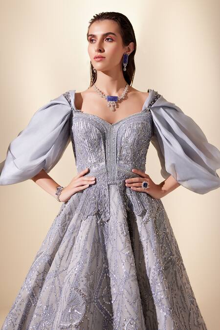 Buy Adaara Couture Blue Organza, Net, Silk Cut Work, Sequins Sweetheart Geometric Embroidered Gown Online at Aza Fashions Buy_Adaara Couture_Blue Organza, Net, Silk Cut Work, Sequins Sweetheart Geometric Embroidered Gown _Online_at_Aza_Fashions