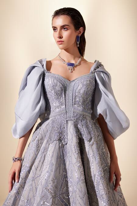 Shop Adaara Couture Blue Organza, Net, Silk Cut Work, Sequins Sweetheart Geometric Embroidered Gown Online at Aza Fashions Shop_Adaara Couture_Blue Organza, Net, Silk Cut Work, Sequins Sweetheart Geometric Embroidered Gown _Online_at_Aza_Fashions