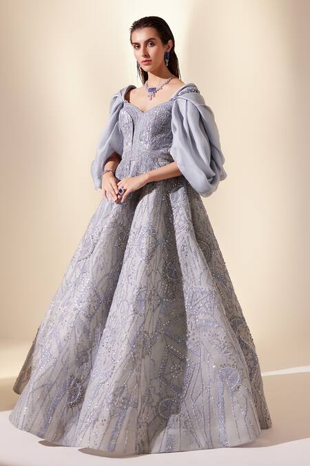 Adaara Couture Blue Organza, Net, Silk Cut Work, Sequins Sweetheart Geometric Embroidered Gown at Aza Fashions Adaara Couture_Blue Organza, Net, Silk Cut Work, Sequins Sweetheart Geometric Embroidered Gown _at_Aza_Fashions