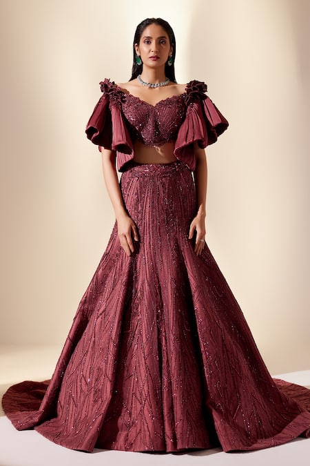 Adaara Couture_Wine Net, Silk Organza, Denim Cut Work, Full Bloom Embroidered Top And Skirt Set _Online_at_Aza_Fashions