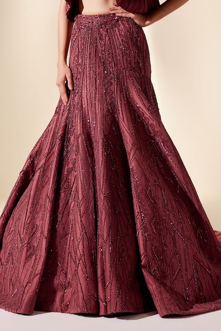 Buy_Adaara Couture_Wine Net, Silk Organza, Denim Cut Work, Full Bloom Embroidered Top And Skirt Set _Online_at_Aza_Fashions