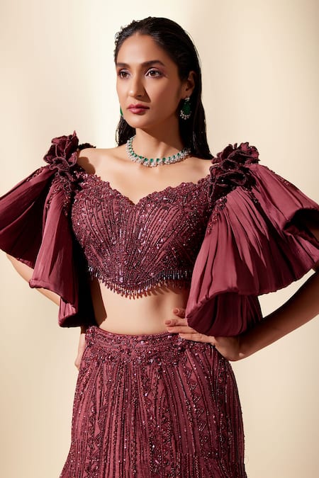 Shop_Adaara Couture_Wine Net, Silk Organza, Denim Cut Work, Full Bloom Embroidered Top And Skirt Set _Online_at_Aza_Fashions