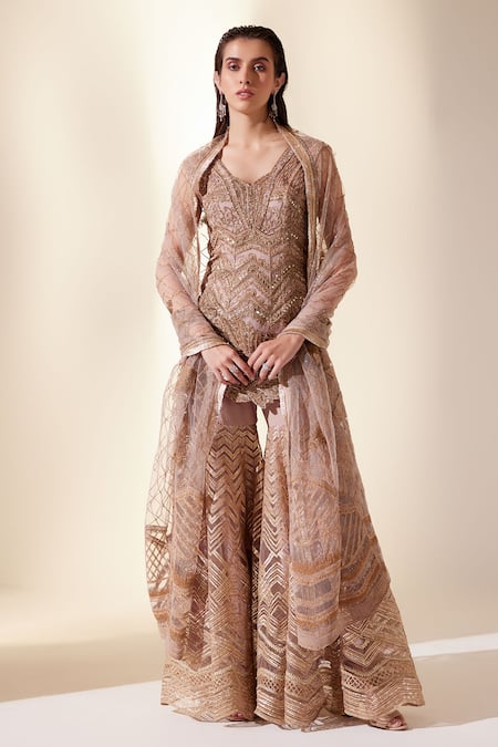 Adaara Couture Chevron Embroidered Kurta Sharara Set 