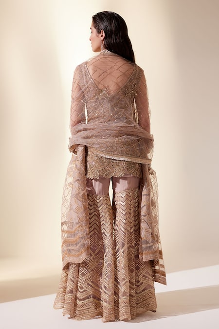 Shop Adaara Couture Gold Georgette, Silk Cut Work, Sequins, Chevron Embroidered Kurta Sharara Set at Aza Fashions Shop_Adaara Couture_Gold Georgette, Silk Cut Work, Sequins, Chevron Embroidered Kurta Sharara Set _at_Aza_Fashions