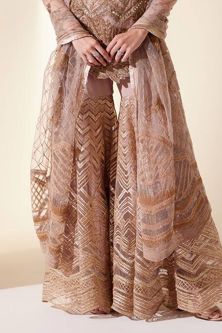 Adaara Couture Gold Georgette, Silk Cut Work, Sequins, Chevron Embroidered Kurta Sharara Set Online at Aza Fashions Adaara Couture_Gold Georgette, Silk Cut Work, Sequins, Chevron Embroidered Kurta Sharara Set _Online_at_Aza_Fashions