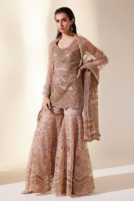 Buy Adaara Couture Gold Georgette, Silk Cut Work, Sequins, Chevron Embroidered Kurta Sharara Set Online at Aza Fashions Buy_Adaara Couture_Gold Georgette, Silk Cut Work, Sequins, Chevron Embroidered Kurta Sharara Set _Online_at_Aza_Fashions