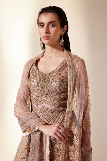 Shop Adaara Couture Gold Georgette, Silk Cut Work, Sequins, Chevron Embroidered Kurta Sharara Set Online at Aza Fashions Shop_Adaara Couture_Gold Georgette, Silk Cut Work, Sequins, Chevron Embroidered Kurta Sharara Set _Online_at_Aza_Fashions