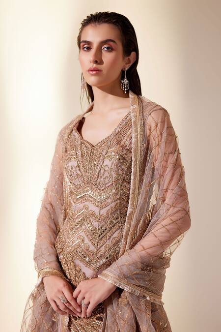 Adaara Couture Gold Georgette, Silk Cut Work, Sequins, Chevron Embroidered Kurta Sharara Set at Aza Fashions Adaara Couture_Gold Georgette, Silk Cut Work, Sequins, Chevron Embroidered Kurta Sharara Set _at_Aza_Fashions