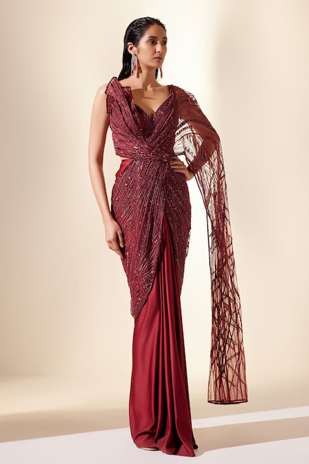 Adaara Couture Wine Dupion Silk Embroidery Cutdana Sizzling Whispers Draped Saree Gown 