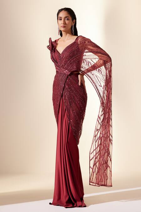 Adaara Couture_Wine Net, Silk Sizzling Whispers Embroidered Draped Saree Gown _Online_at_Aza_Fashions