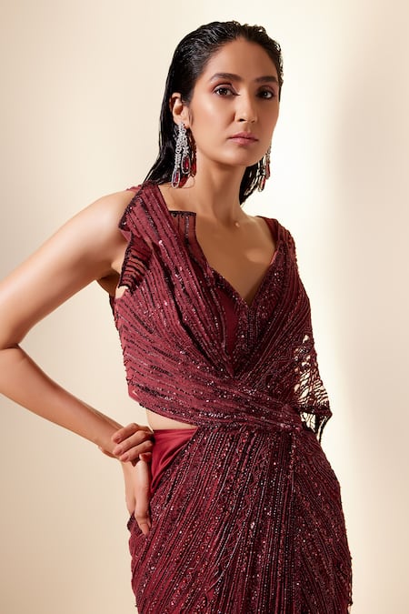 Buy_Adaara Couture_Wine Net, Silk Sizzling Whispers Embroidered Draped Saree Gown _Online_at_Aza_Fashions