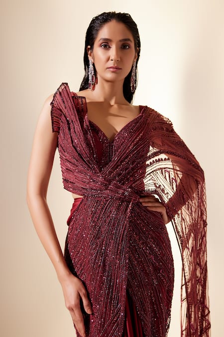 Shop_Adaara Couture_Wine Net, Silk Sizzling Whispers Embroidered Draped Saree Gown _Online_at_Aza_Fashions