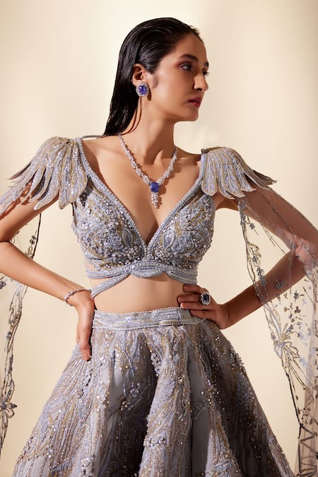 Adaara Couture_Blue Organza, Net, Silk Cut Work, Land Of Fantasia Embroidered Top And Skirt Set _Online_at_Aza_Fashions
