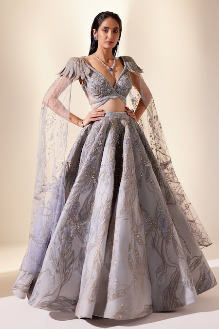 Shop_Adaara Couture_Blue Organza, Net, Silk Cut Work, Land Of Fantasia Embroidered Top And Skirt Set _Online_at_Aza_Fashions