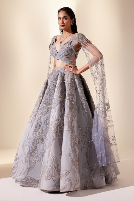 Buy_Adaara Couture_Blue Organza, Net, Silk Cut Work, Land Of Fantasia Embroidered Top And Skirt Set 