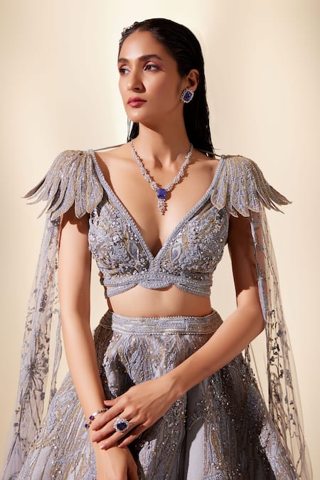 Shop_Adaara Couture_Blue Organza, Net, Silk Cut Work, Land Of Fantasia Embroidered Top And Skirt Set 