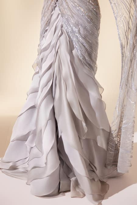 Buy_Adaara Couture_Blue Organza, Net, Organza, Embroidery Leaf Draped Saree Gown _Online_at_Aza_Fashions