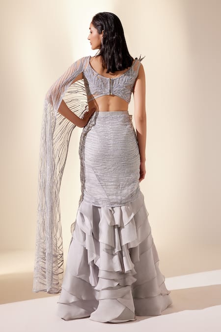 Adaara Couture_Blue Organza, Net, Organza, Embroidery Leaf Draped Saree Gown _at_Aza_Fashions